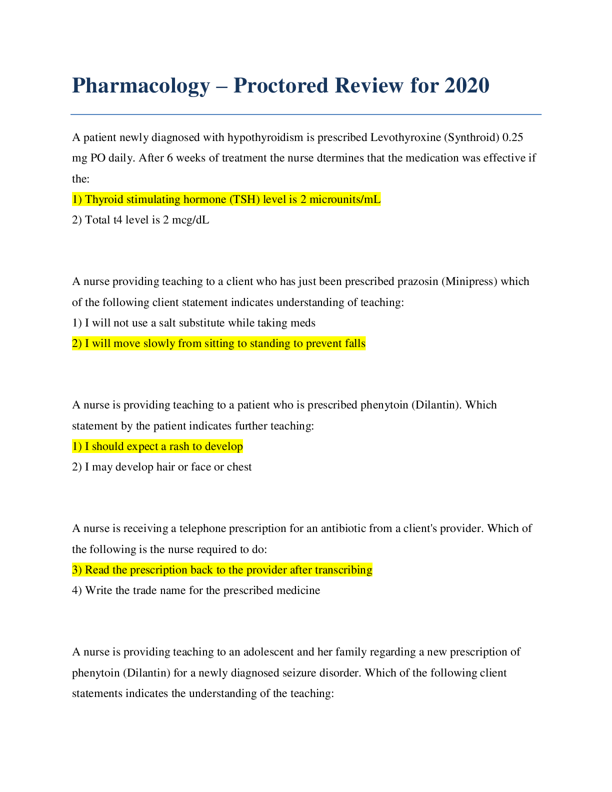 Preview of Pharmacology – Proctored Review for 2020 ATI. GRADED A